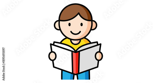 Happy young boy reading a book, learning and education concept.