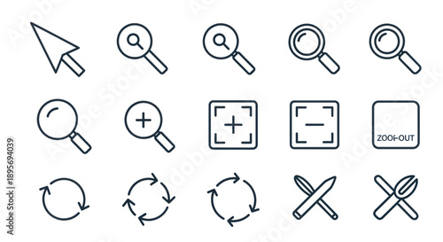 Set of various cursor and zoom line icons for user interface.
