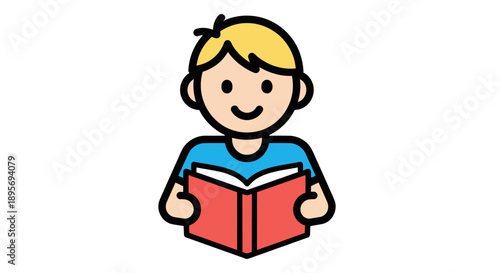 Smiling boy reading a book, simple cartoon illustration.