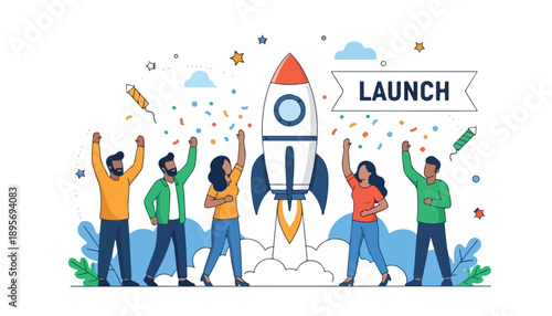 Diverse team celebrating a successful rocket launch with confetti and a 'LAUNCH' banner, symbolizing startup success and innovation.