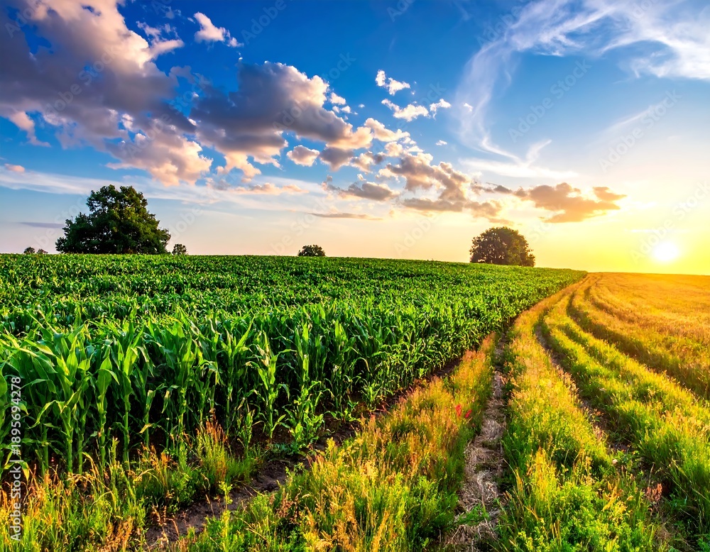 Obraz premium Lush cornfield stretches to horizon, bathed in golden light, under a dramatic sky