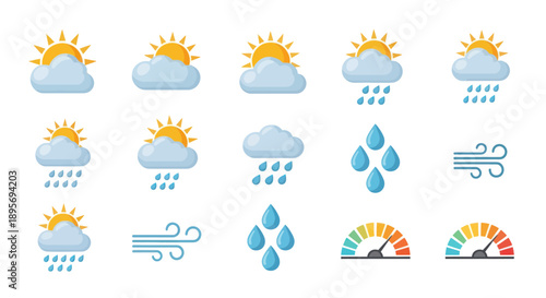 Weather forecast icons set with sun, clouds, rain, wind, and temperature gauges.