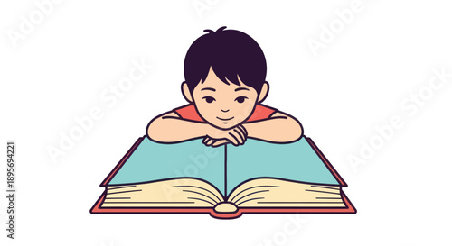 Young boy engrossed in reading a book, learning and education concept.