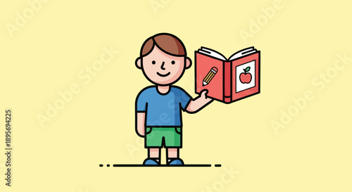 Young boy holding an open book with a pencil and apple illustration.