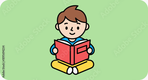 Young boy with brown hair reading a red book while sitting cross-legged.