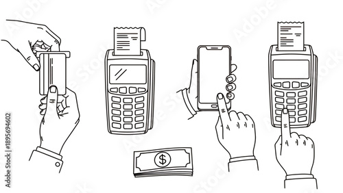 Series of mobile payment interactions showing card, cash, and device usage for digital transactions.