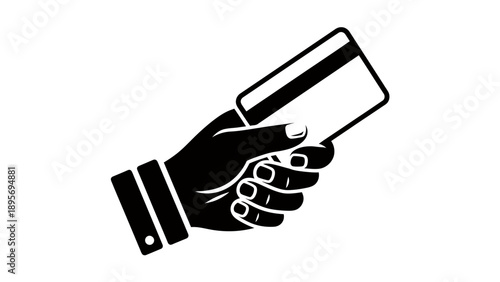 Black and white vector illustration of a hand exchanging a card for a simple graphic resource.