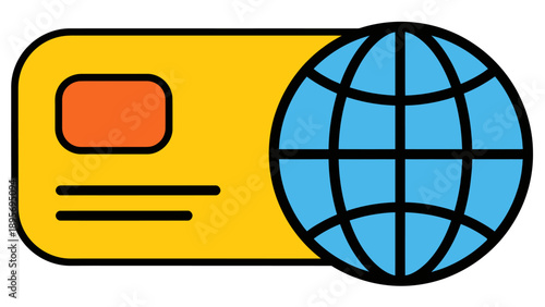 Illustration of a credit card beside a globe icon symbolizing international payments and connectivity.