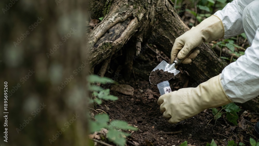 Obraz premium Hands Collecting Soil Samples Under Tree for Environmental Surveillance of Nipah Virus Research