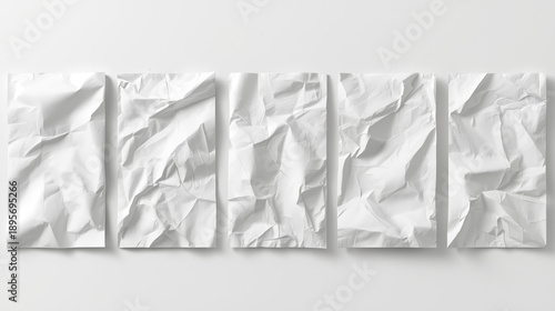 Minimalist abstract composition featuring five vertical panels of white crumpled paper textures, showcasing subtle creases and folds, soft natural shadows.