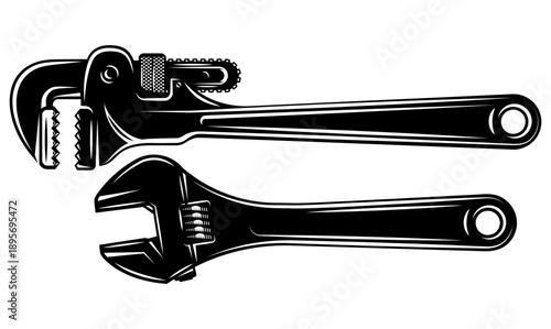 Adjustable wrench and pipe wrench set Essential tools for plumbing, construction, and home repair projects.