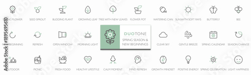 Modern duotone spring season and new beginnings icon set in minimalist line style. Editable stroke icons with soft sage green accents, perfect for wellness, lifestyle, seasonal design, and fresh brand