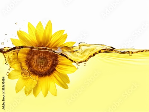 A vibrant sunflower partially submerged in clear water, creating a striking visual contrast with its yellow petals and intricate center.