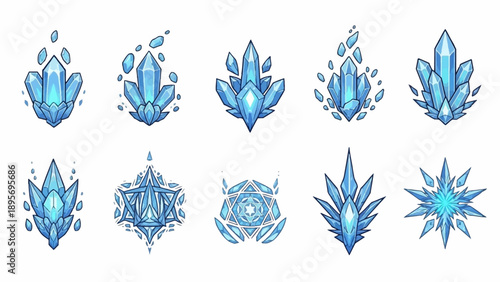 Collection of blue crystal illustrations showcasing various shapes and forms from different viewpoints