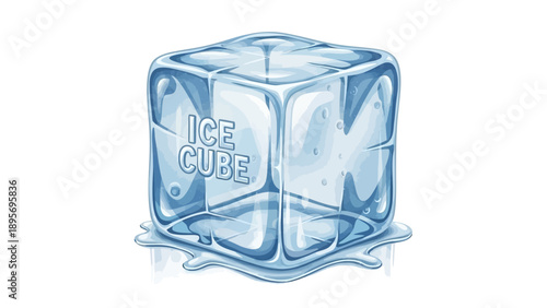 A blue ice cube melting on a surface viewed from a close-up perspective