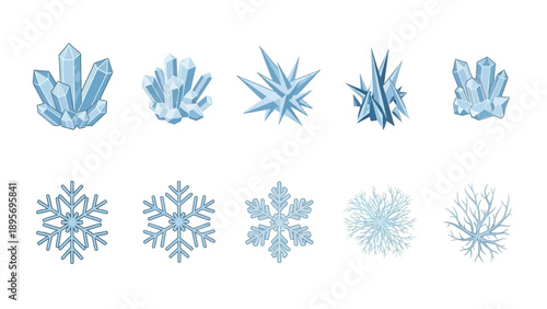 Collection of various blue snowflakes and ice crystals displayed on a plain white background