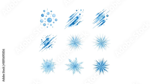 Collection of blue splatters and starbursts on a clean surface viewed from directly above
