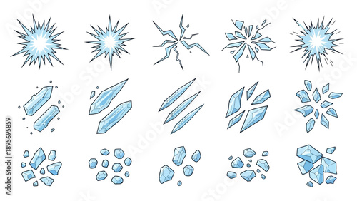 Collection of Ice Crystals and Snowflakes in Various Shapes and Forms