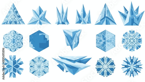 Collection of blue ice crystal shapes displayed in a grid pattern on a clean white background from a straightforward viewpoint