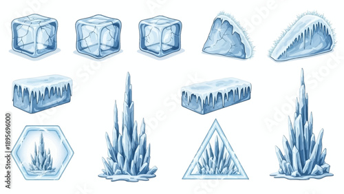 Collection of blue ice elements and geometric shapes in various forms and structures on a plain background from different viewpoints