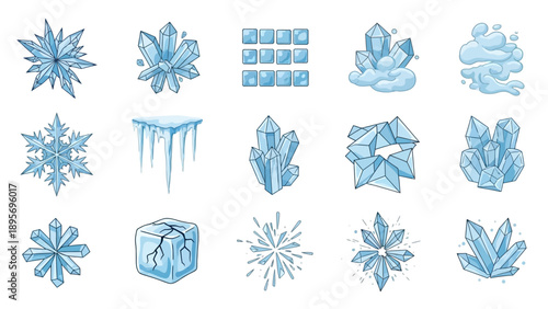 A collection of blue ice crystals and snowflakes in various shapes and forms are illustrated on a clean background from a straightforward viewpoint