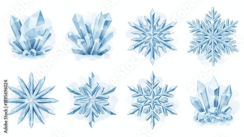Collection of various snowflakes and ice crystals displayed on a white background from different viewpoints