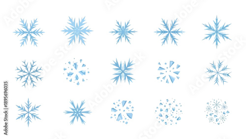 Collection of blue snowflakes in various intricate designs and patterns on a clean white background