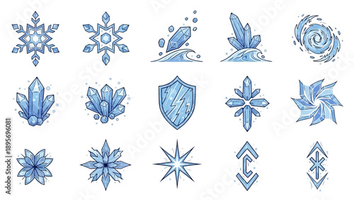 Collection of blue crystal and ice illustrations on a grid layout from a straightforward viewpoint
