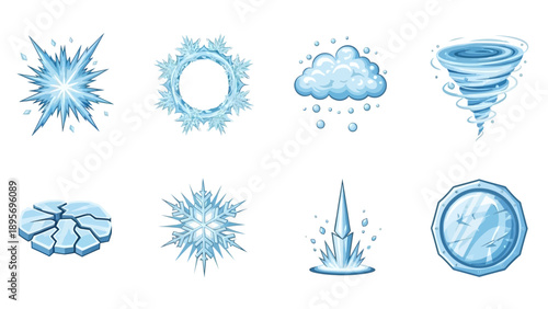 Assorted weather phenomena icons set in blue illustration on white