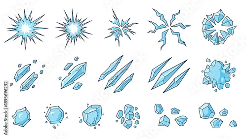 Collection of blue crystal and ice elements, fragments, and shards in various shapes and forms illustrated in a digital graphic