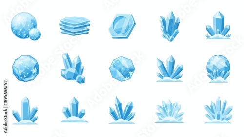 Collection of blue crystal formations and minerals displayed in a grid layout