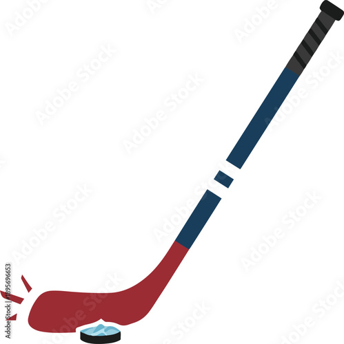 Vector illustration of an ice hockey stick striking a puck. A flat design sports icon featuring a blue and red stick making contact with a black puck, highlighted by stylized red impact marks to indic