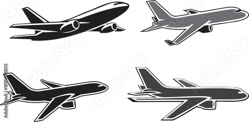 Airplane flying icon vector silhouette illustration depicting commercial passenger jet plane travel and transportation