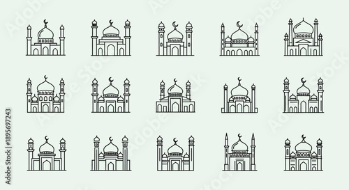 Collection of Taj Mahal Line Art Icons.