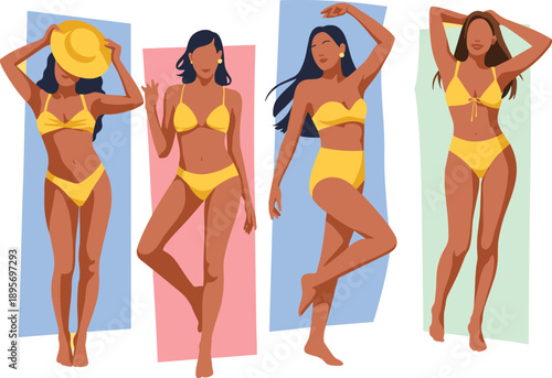 Women in yellow bikinis illustration set, summer beach fashion poses, diverse female body confidence, vacation swimwear lifestyle, modern flat design