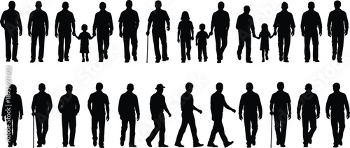Human silhouette, life stages, walking figures, children, adults, elderly, canes, holding hands, black icons, posture diversity, social interaction