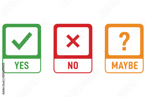 A colorful graphic illustration of yes, no, and maybe icons on a white background