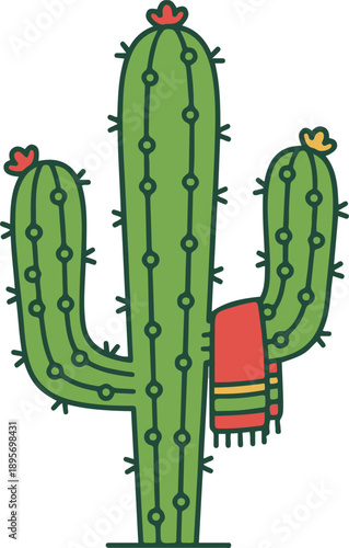 Vector illustration of a stylized green Saguaro cactus with blooming flowers and a traditional red Mexican sarape blanket draped over one arm.