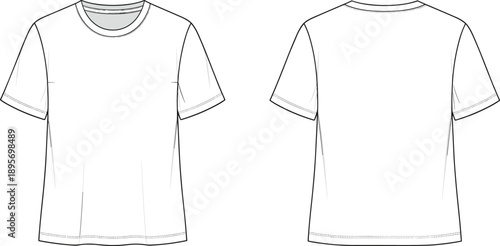 Basic unisex crew neck t-shirt technical fashion illustration, short sleeve classic tee, clean line art with front and back views