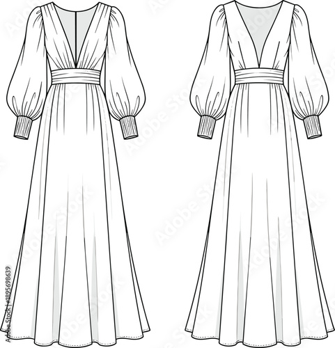 Long dress technical sketch with deep V-neckline, puffed sleeves, pleated bodice, waistband detail, and front back fashion views