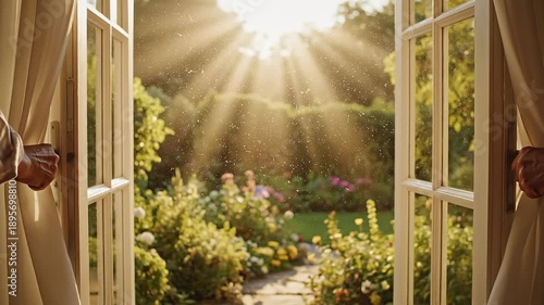 Hands opening white French windows to sunny garden with flowing curtains
