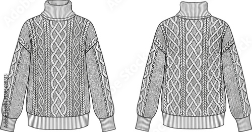 Cable knit turtleneck sweater technical fashion drawing with detailed knit texture front and back views vector illustration
