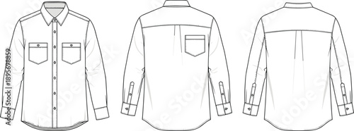Men’s long sleeve button up shirt technical fashion illustration with chest pockets, cuff details, front back and alternate back views