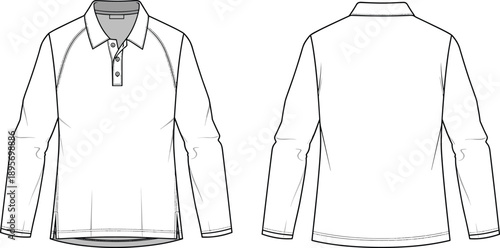 Men’s long sleeve polo shirt fashion flat technical illustration with button placket, classic collar, clean design, front and back view