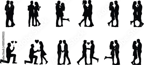 Romantic couple silhouettes, love poses, kissing, hugging, proposing, heart symbols, emotional connection, black figures, gray background, relationship concept, passion