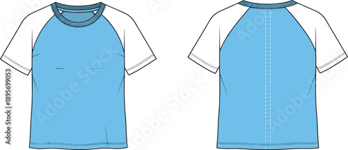 Raglan sleeve t-shirt technical fashion flat sketch with front and back views, contrast sleeves, vector illustration