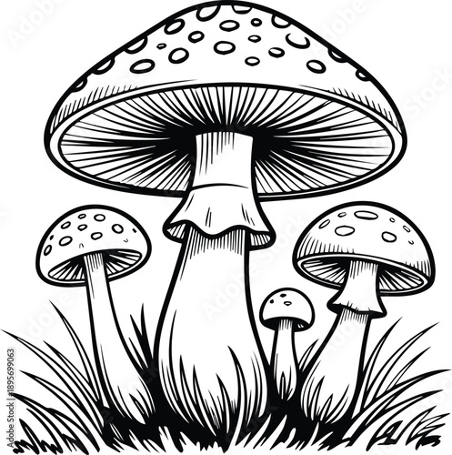 mushroom group line art vector illustration for nature and forest design