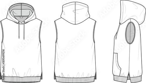 Sleeveless hoodie technical fashion flat sketch with front, back and side views, drawstring hood, kangaroo pocket vector illustration