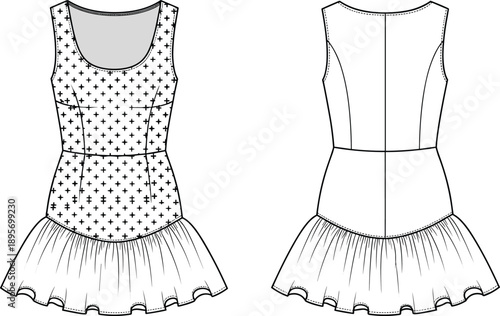 Sleeveless mini dress technical fashion flat sketch with front and back views, fitted bodice and flared skirt vector