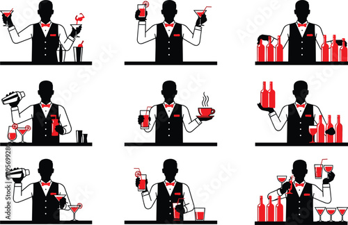 Bartender silhouette icon set in black red style featuring cocktail mixing serving drinks bar counter scenes for nightlife hospitality branding apps and menu design